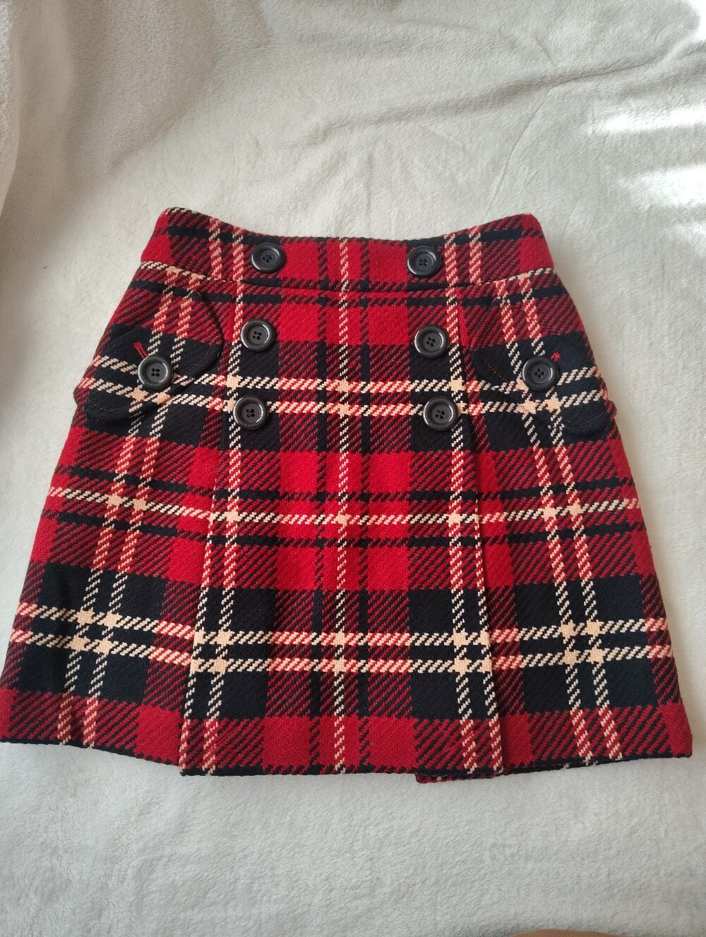 Red Plaid Double-Button Mini Skirt